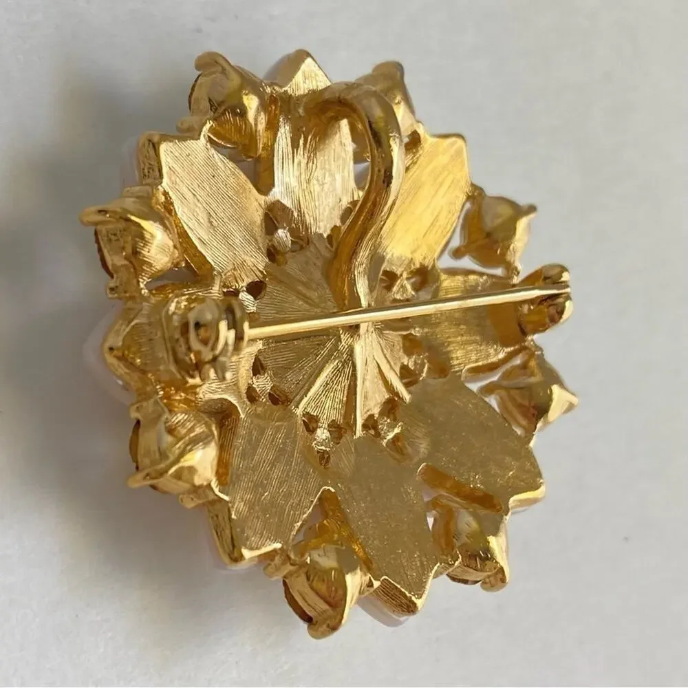 Vintage 60s Rhinestone Pearl Brooch Pendant Necklace‎ Gold Tone Flower Sunburst